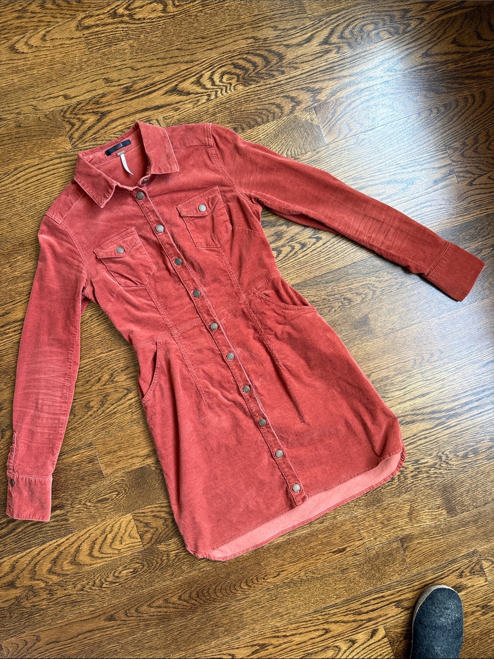 Free People Rust Orange-Red Corduroy Button‑Front Long Sleeve Dress